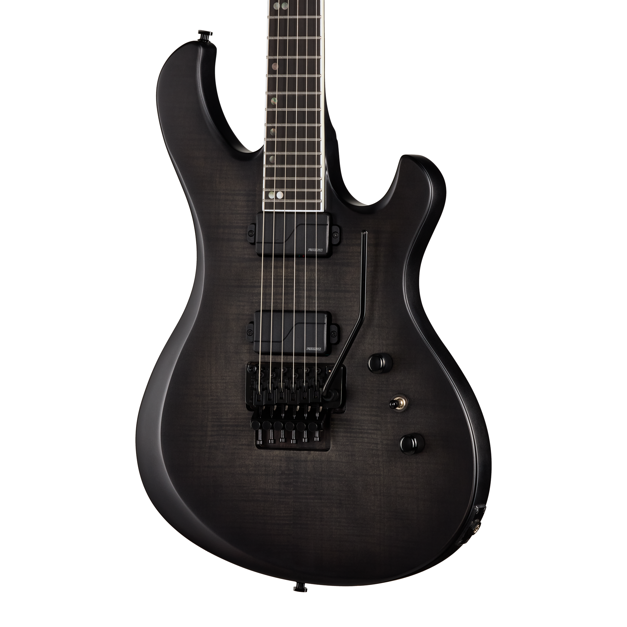 E-Gitarre, sechssaitig, dunkle Holzmaserung, Humbucker, Tremolo-System